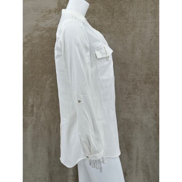 Style & Co Top Women 10 Ivory Satiny Button Up Long Sleeve Clean Girl Minimalist - Picture 3 of 9